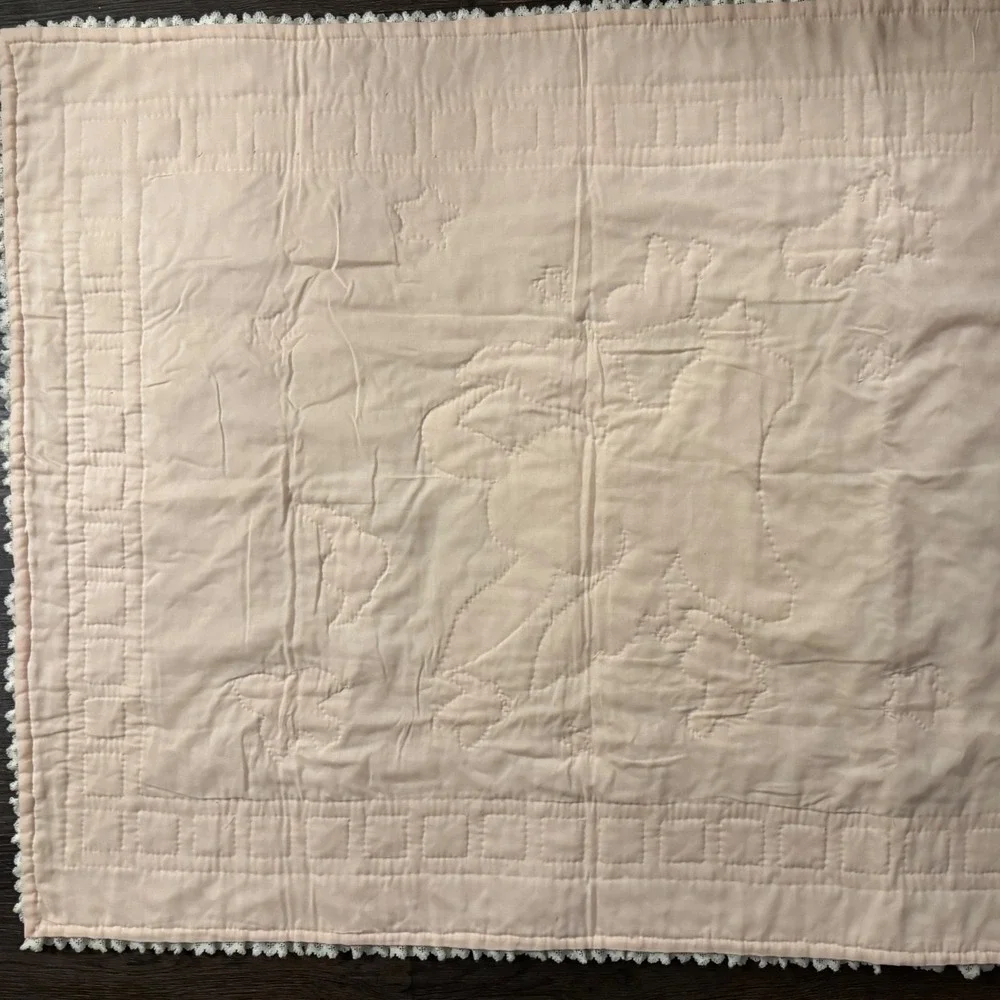 Vintage Handmade Baby Quilt Pink Bunny Rabbit ABC 123 Lace Trim Blanket 36 X 44